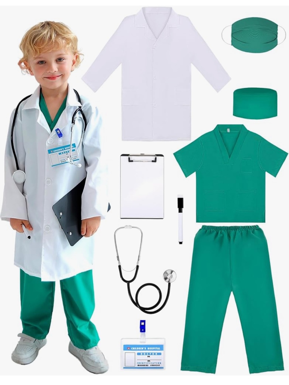 Kids Doctor Costume Set - Green Scrubs & White Lab Coat